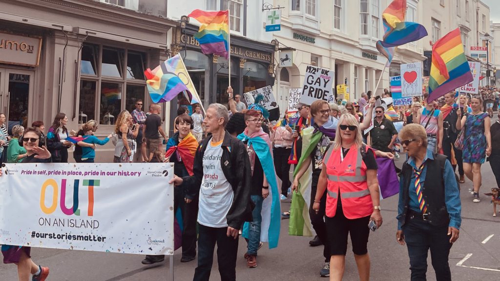 Peter Tatchell leads the Isle of Wight Pride parade, 19 August 2023, Union Street, Ryde