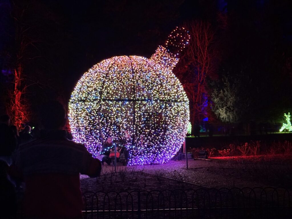 A gigantic illuminated Christmas Bauble in the grounds of Waddesdon Manor as part of the light show