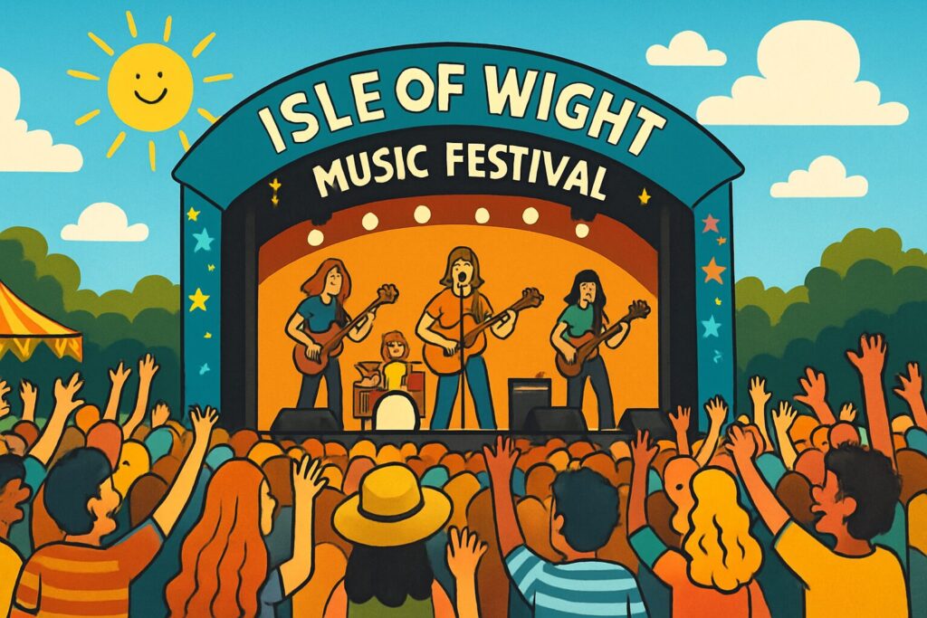 A cheerful cartoon-style illustration of the Isle of Wight Music Festival on a sunny day. A lively band performs on a colourful stage labelled "Isle of Wight Music Festival" while a large, enthusiastic crowd cheers with hands raised. The audience includes people in summer clothes and hats, all enjoying the bright, sunny atmosphere with a clear blue sky and playful details like a smiling sun and striped tent in the background. The image captures the joyful, communal spirit of a summer music festival without depicting any specific bands or individuals.