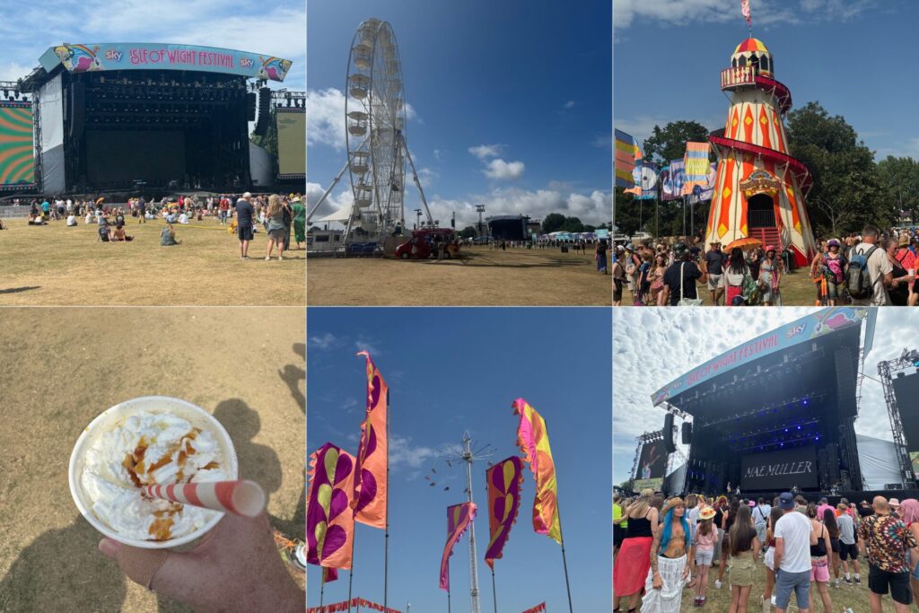 A collage of images from the 2025 Isle of Wight Festival showing highlights of the vibrant atmosphere: crowds gathering at the main stage, a large Ferris wheel against a blue sky, a traditional helter-skelter surrounded by festivalgoers, a close-up of a whipped cream-topped drink, colourful flags fluttering in the breeze, and a performance by Mae Muller. The images capture the energy, colour, and fun of a summer music festival.