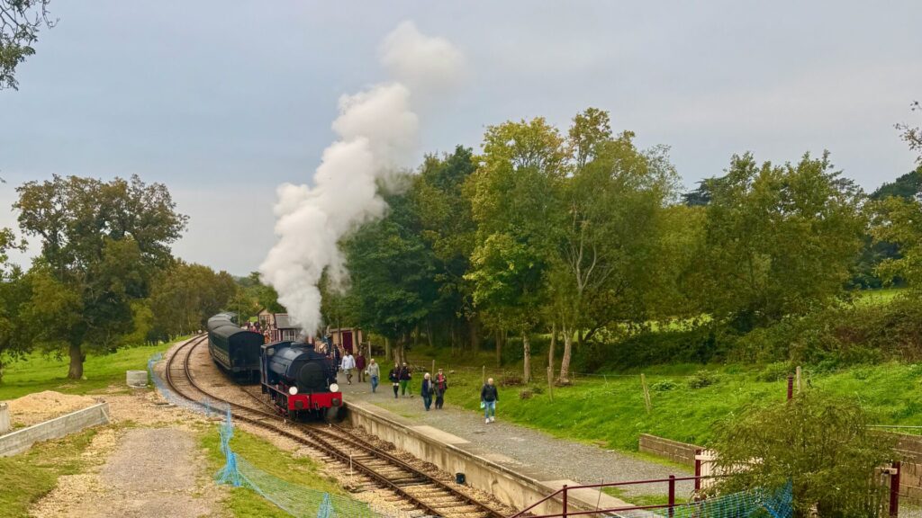 A steam locomotive pulling passenger carriages along a single track through lush green countryside, billowing white steam into the air. Passengers are disembarking and walking along a concrete platform beside the train, with trees in full summer foliage surrounding the rural station setting