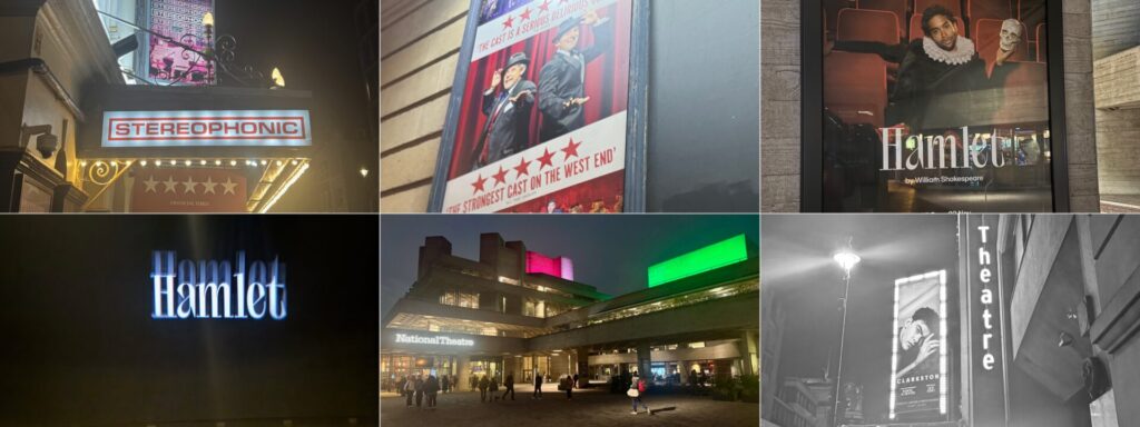A collage of six photographs showing London's West End and National Theatre at night. Top row from left: the illuminated Stereophonic theatre marquee with decorative scrollwork and stars; a promotional poster advertising "the strongest cast on the West End"; signage for Hamlet by William Shakespeare. Bottom row from left: neon blue "Hamlet" title illuminated against darkness; the National Theatre's iconic Brutalist architecture with pink and green lighting on its terraces and evening crowds outside; a vertical theatre banner and signage visible in low light.