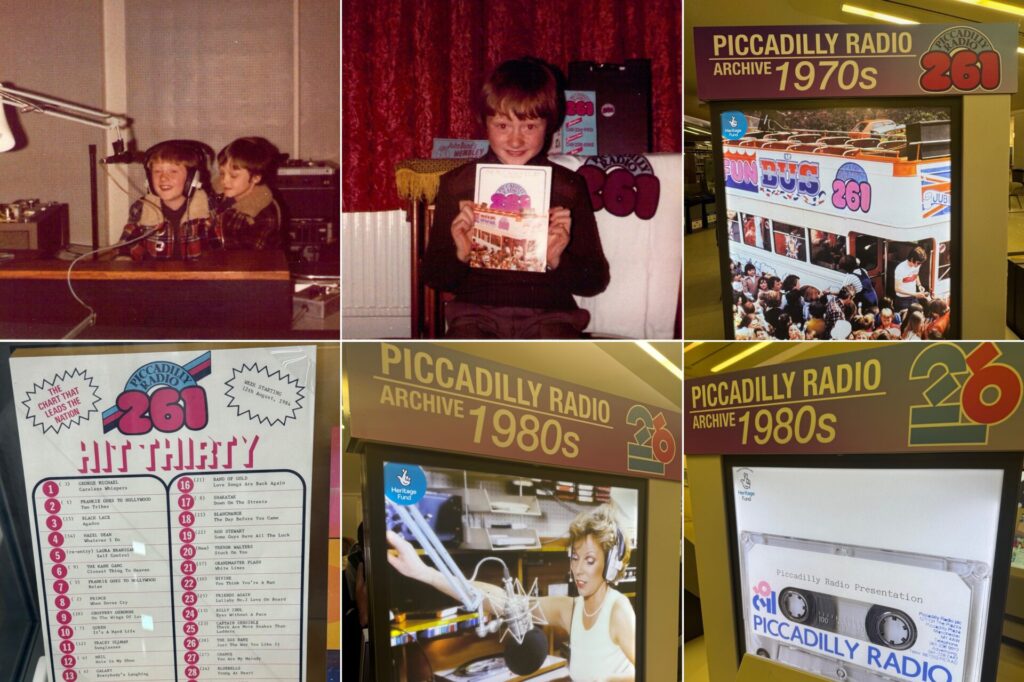 Collage of six photographs showing Piccadilly Radio memorabilia, including children at broadcast desk, Fun Bus 261 with a crowd, Hit Thirty chart list, a female presenter, Suzi Mathis, at a microphone, and archive signage from 1970s and 1980s eras