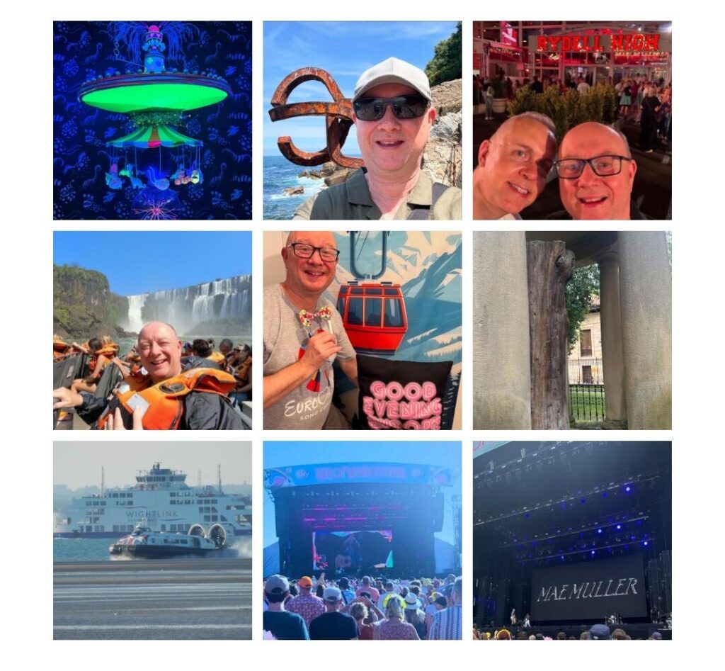 A collage of nine photographs showing travel and entertainment highlights, including illuminated caves, coastal scenery, waterfall visits, concerts, ferry travel, and social gatherings with friends