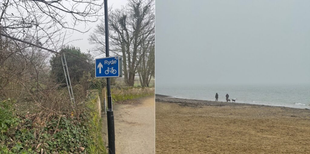 Two photos taken on a misty day on the Isle of Wight. Left: a blue cycling route sign pointing towards Ryde, mounted on a post along a tree-lined gravel path in winter. Right: two people walking dogs along a wide, sandy beach with a calm grey sea fading into thick mist.