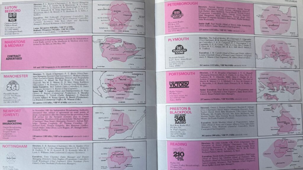 A double-page spread from the IBA Guide to Independent Broadcasting, Television & Radio 1983, showing the "ILR Areas" section. Each entry lists a local independent radio station with its directors, senior executives, address, frequencies, and a small regional map showing transmitter locations. Stations visible include Chiltern Radio (Luton/Bedford), Maidstone & Medway (contract advertised), Piccadilly Radio (Manchester), Gwent Broadcasting (Newport), Radio Trent (Nottingham), Hereward Radio (Peterborough), Plymouth Sound, Radio Victory (Portsmouth), Red Rose Radio (Preston & Blackpool), and Radio 210 (Reading). Station logos are printed alongside each entry. The layout uses pink section headings on a white background, with a two-column design across both pages.