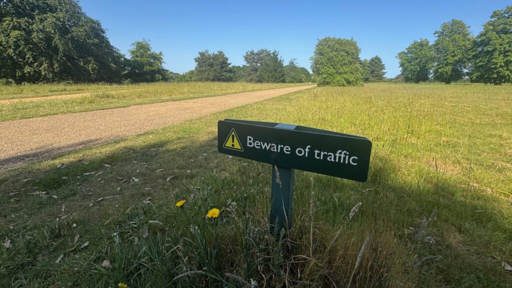 A dark green warning sign reading "Beware of traffic" with a yellow hazard triangle, mounted on a post amid long grass and dandelions at the edge of a gravel path. The path stretches into the distance through open meadows flanked by mature trees under a clear blue summer sky at Osborne House, Isle of Wight.