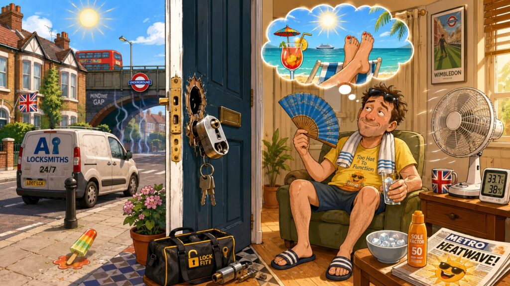 An AI-generated cartoon-style illustration split between a sweltering London street scene and a stuffy living room interior. Outside, a white locksmith's van is parked on a sunny suburban street beneath a railway bridge bearing an Underground roundel sign reading "Mind the Gap"; a melting ice lolly lies on the doorstep beside a locksmith's holdall and tools. Indoors, a sweaty man in a yellow "Too Hot To Function" t-shirt sits in an armchair fanning himself with a hand fan, holding an iced drink, and daydreaming of a tropical beach holiday. Around him are a electric fan, a Union Jack mug, a thermometer reading 33.7°C, suncream, a bowl of ice, and a copy of the Metro newspaper with the headline "Heatwave!". A Wimbledon poster hangs on the wall.