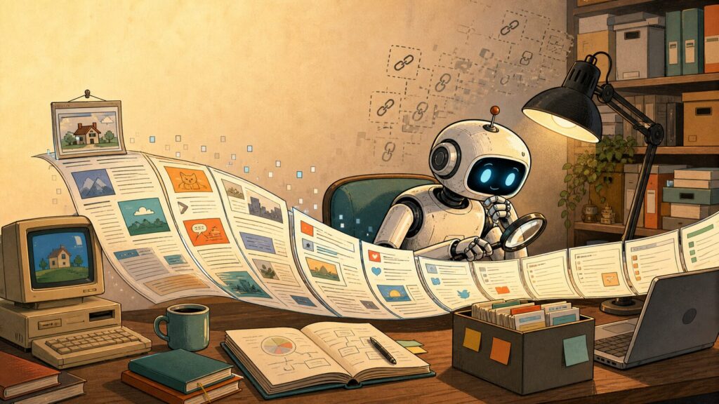 Cartoon of a friendly robot using a magnifying glass to read a long ribbon of blog pages stretching from an old desktop computer to a modern laptop, surrounded by books and archive boxes.